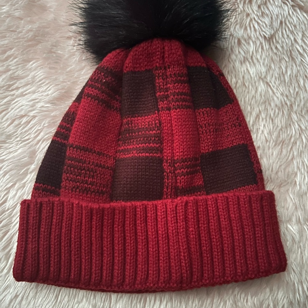 Red and Black Plaid Knit Beanie with Pom Pom